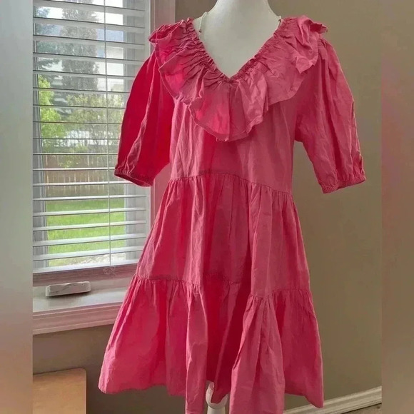 [L]Miss Selfridge Ruffled V  Neck A Shape Mid Sleeve Tiered Cotton Mini Dress - Picture 2 of 10